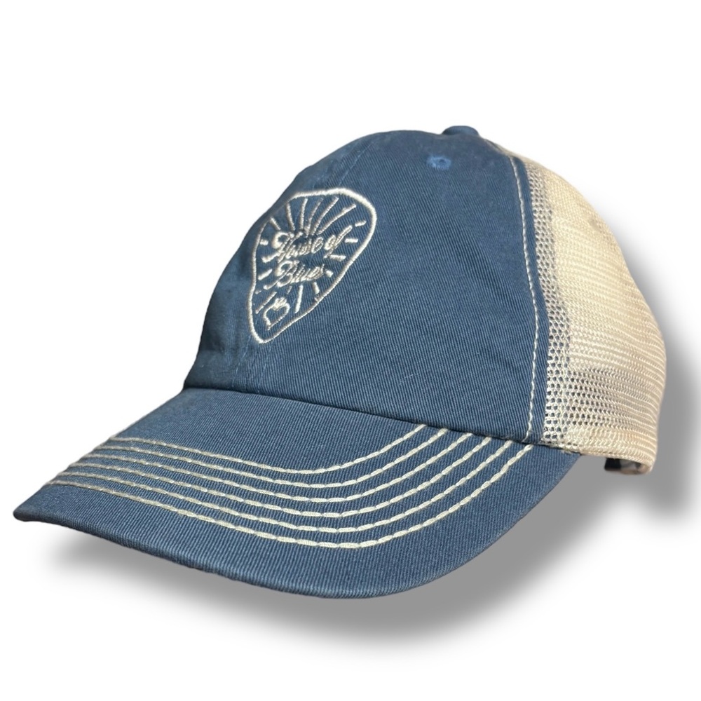 HOUSE OF BLUES Blue & Tan Guitar Pick Logo Trucker Hat VINTAGE
